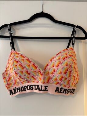 Aeropostale Pink Multicolor Lace Bralette with Black Logo Straps 36C